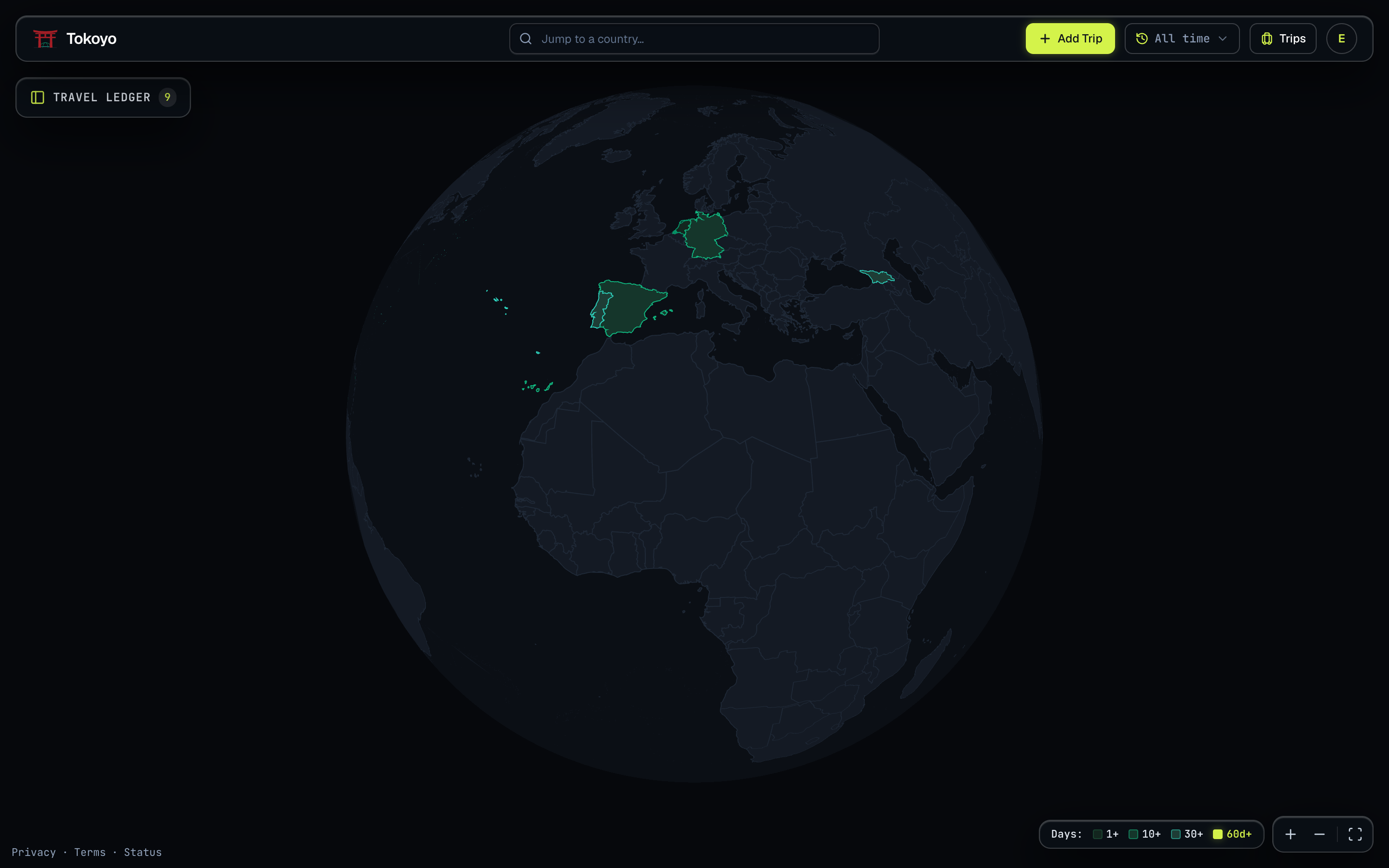 Tokoyo globe with visited countries shaded by days spent