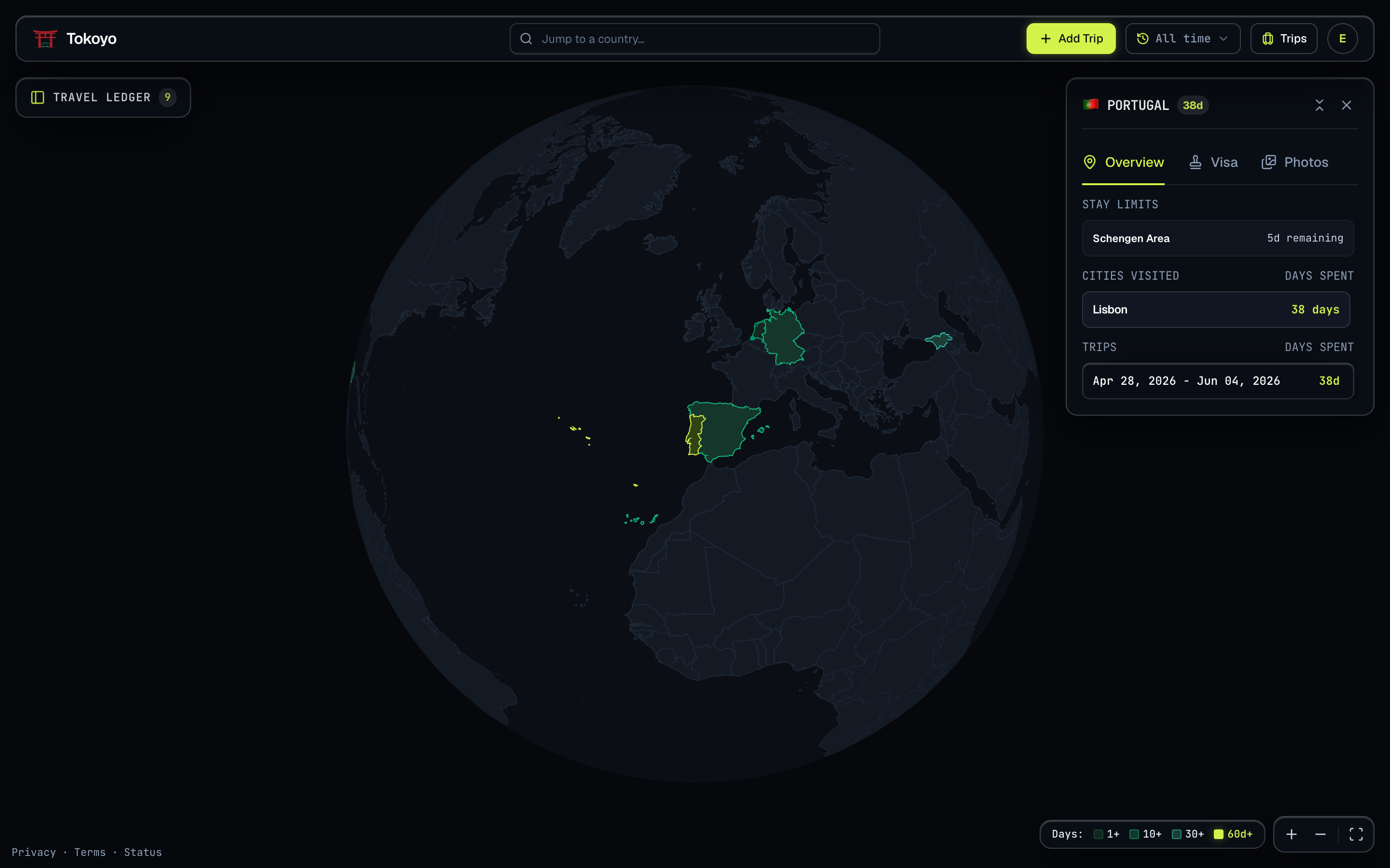 Portugal selected on the globe, its panel showing 38 days, Lisbon, and 5 Schengen days remaining